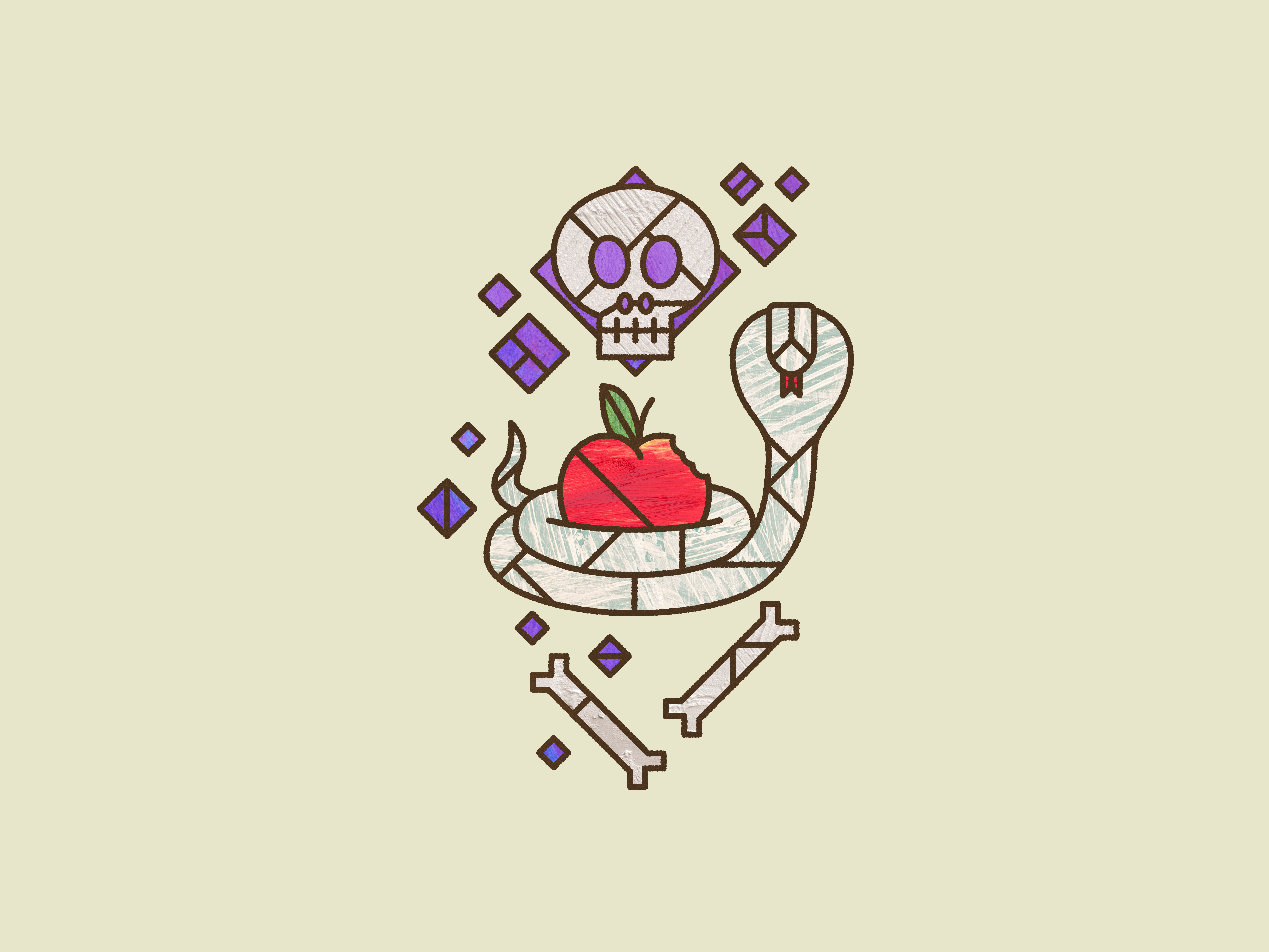 Culpa apple bible bite bones cobra dead death fall fruit genesis glass illustration paint scripture serpent sin skull snake stained tree
