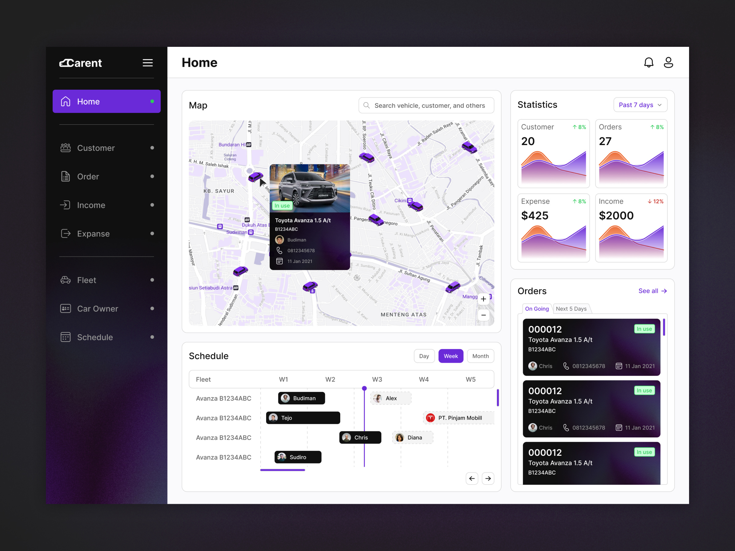 Carent - Car Rent SaaS Web Dashboard car car rent card clean dashboard design gradient homepage map rent saas sidebar statistics timeline ui ui design ux web dashboard web design widget