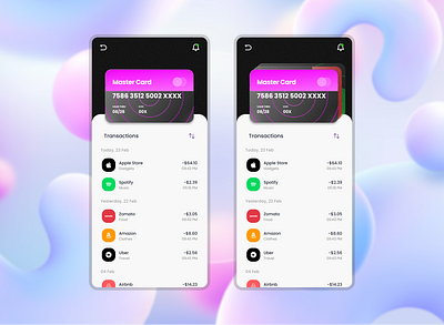 Credit Card Transactions Ui Design app design assets bank banking credit credit card glassmorphism history manage money mobile app mockup modern ui money app swipe transactions ui ux