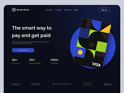 Fintech website - Quantum Landing Page banking blue branding credit card dark mode figma finance fintech landing page logo payment user interface ux uxui webdesign webflow website