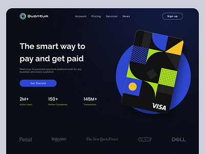 Fintech website - Quantum Landing Page banking blue branding credit card dark mode figma finance fintech landing page logo payment user interface ux uxui webdesign webflow website