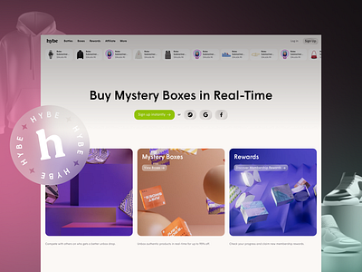 Hybe: Gamified Ecom Platform with Mystery Boxes UI 3d box brand identity branding design ecommerce game gamification gaming homepage landing page luxury luxury products mystery box shopping ui unboxing