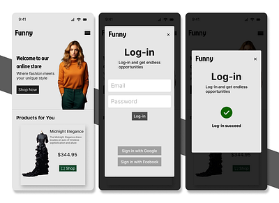 FUNNY homepage and log-in page black e commerce figma gray interaction log in mobile prototype register sign up text box ui ux white women clothes