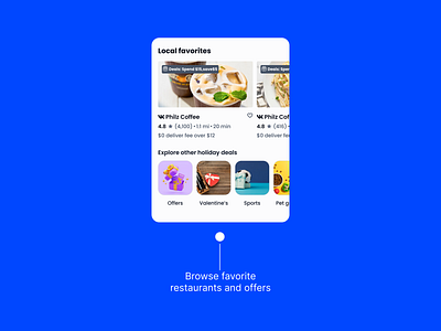 UI Card for Browsing Favorite Restaurants and Offers blue figma food food delivery food delivery app mobile mobile app offers restaurants ui ui design uikit uiux ux ux design web design