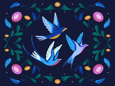 Birds art bird birds character colorful design feathers flat flowers illustration illustrator pattern plants symmetry