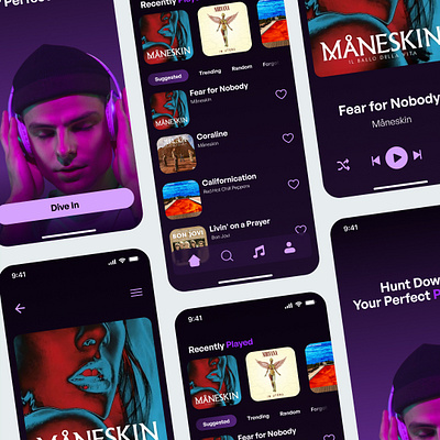 Music Player App UI app application dark theme design figma mobile music music app music interface music player music player ui neon spotify ui ui design uiux ux