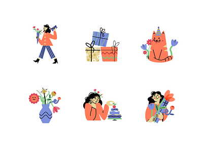 Birthday illustrations birthday blue branding cake cat celebrate flowers free girl graphic design orange presents spring stickers viber