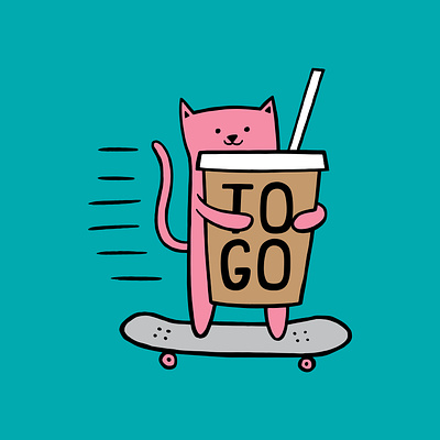 To Go Kitty on Skateboard cat coffee illustration skate skateboard