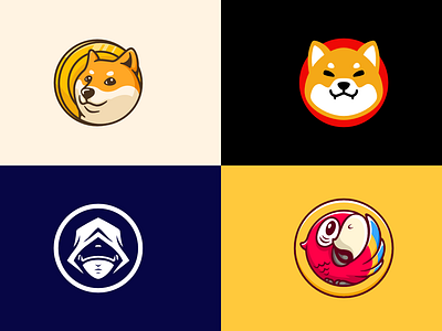 Illustrated tokens bitcoin blockchain coin crypto cryptocurrency cute dog doge doge coin finance illustration logo meme coin puppy shiba inu token vector