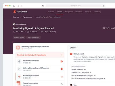 Skillsphere: E-Course Platform Dashboard Saas Web App - Detailed ai aichat artificial intelligence chat chatbot course dashboard design ecourse elearning learning playlist product design quiz saas uidesign uiux uiuxdesign uxdesign webapp