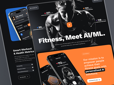 sandow Web UI: AI Fitness & Diet Website | AI Fitness Assistant artificial intelligence blue bold dark mode diet app figma template fitness fitness app fitness landing page fitness web design fitness website gym app gym website healthcare landing page orange responsive ui ui kit web design