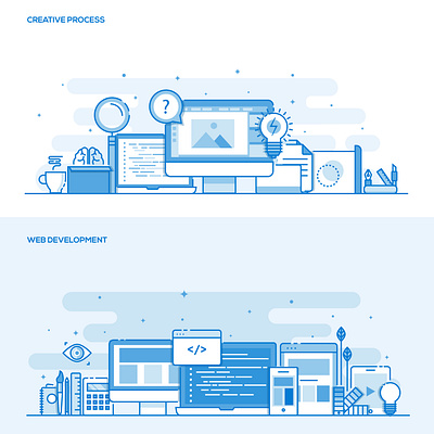 Flat line color concept- Creative Process and Web Development branding graphic design