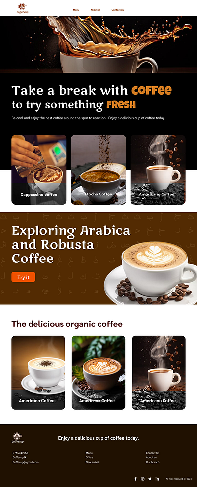 Coffee shop web page branding design graphic design