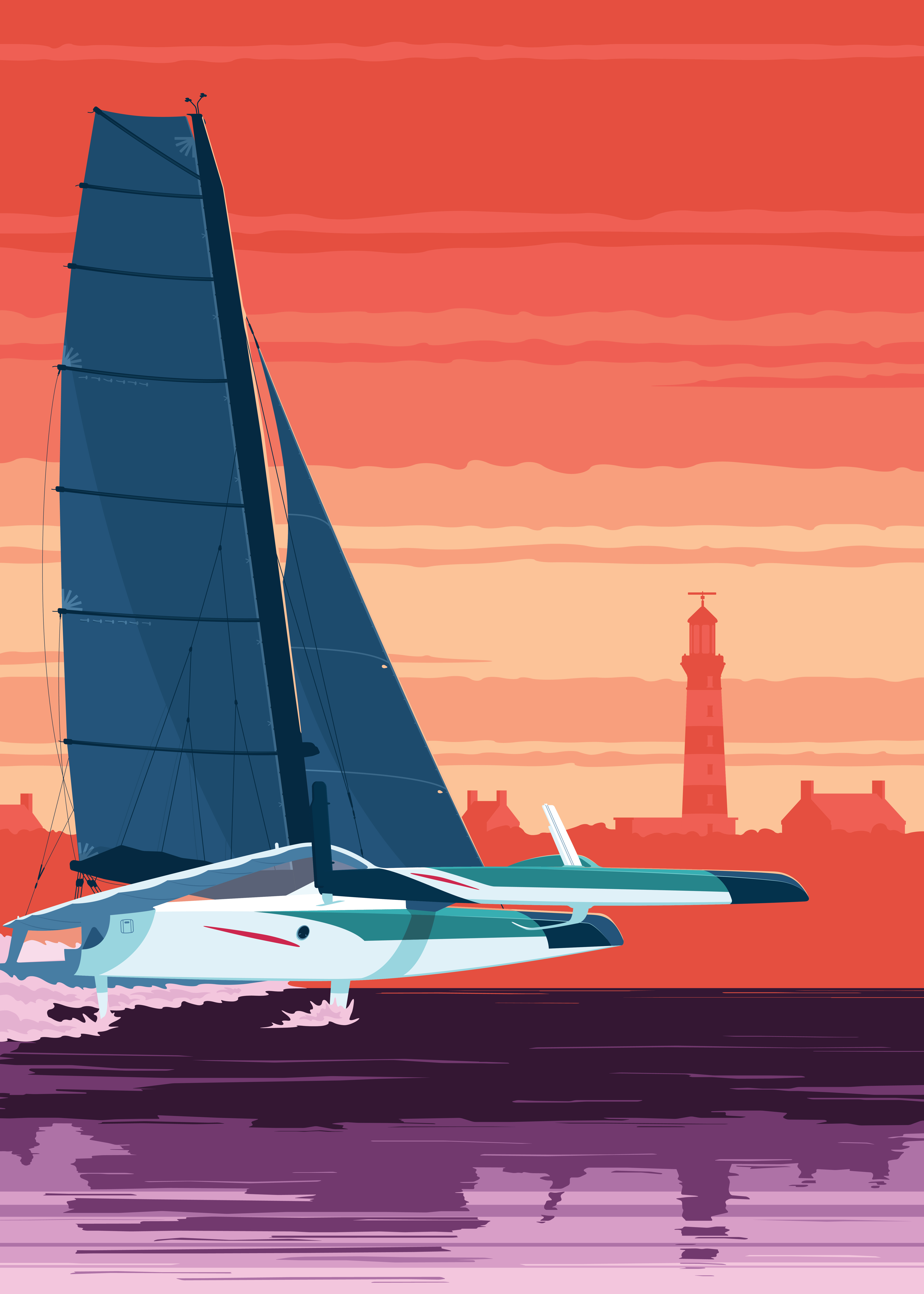 Couche limite III boat bretagne flat illustration lighthouse race racing sail sailing sea trimaran ultim vector yacht
