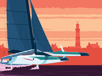 Couche limite III boat bretagne flat illustration lighthouse race racing sail sailing sea trimaran ultim vector yacht