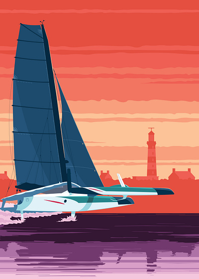 Couche limite III boat bretagne flat illustration lighthouse race racing sail sailing sea trimaran ultim vector yacht