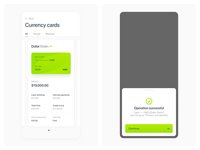 Card selection flow application banking card currency design exchange ios minimal mobile modal money selection success ui