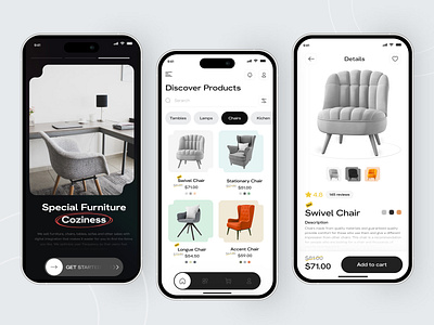 Furniture Store - Mobile Apps 3d app branding clean design experience furniture graphic design illustration mobile prototyping ui ui design uidesign uiux userinterfaces ux uxui web white