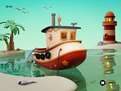 Fishing Boat 3D Illustration 3d 3d art 3d boat 3d designer 3d illustration 3d modelling blender 3d cartoon 3d graphic design harbor illustration island lighthouse mascot boat render ship