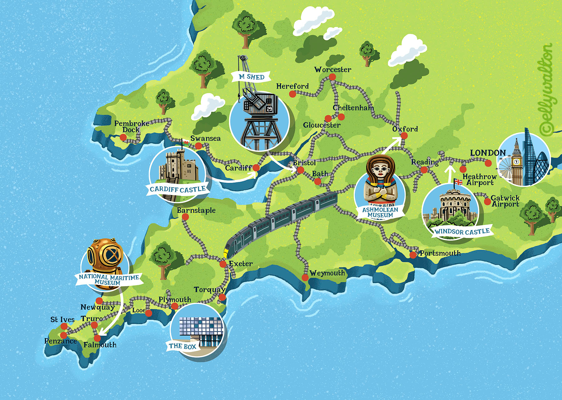 Map of South West England's GWR train routes for GWR magazine cartography editorial england map illustration magazine map map illustration south west england train map
