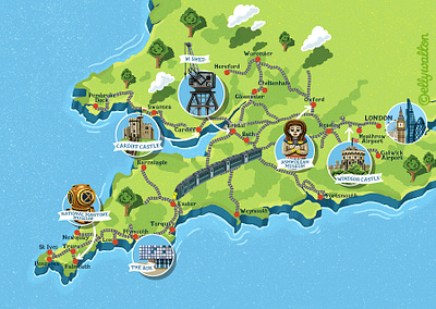 Map of South West England's GWR train routes for GWR magazine cartography editorial england map illustration magazine map map illustration south west england train map