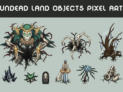 The Top-Down Undead Land Objects Pixel Art 2d art asset assets fantasy game game assets gamedev illustration indie indie game pixel pixelart pixelated rpg set top down topdown undead