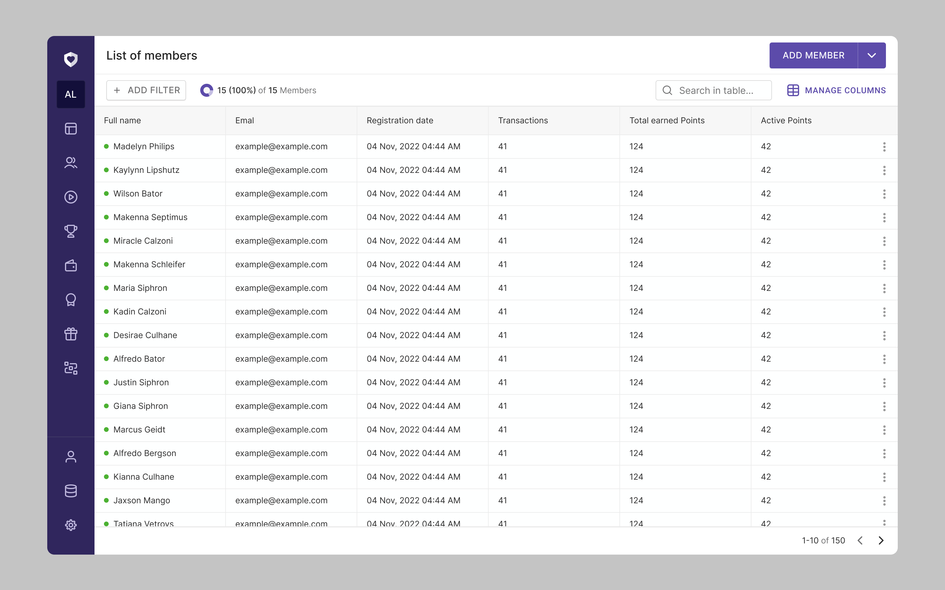 Open Loyalty - Table Filters Reimagined crm crm table dashboard filters filters on table fitlers full width table list of members loyalty material design material ui member list member table product design responsive table table filters table of members table responsive tables users list