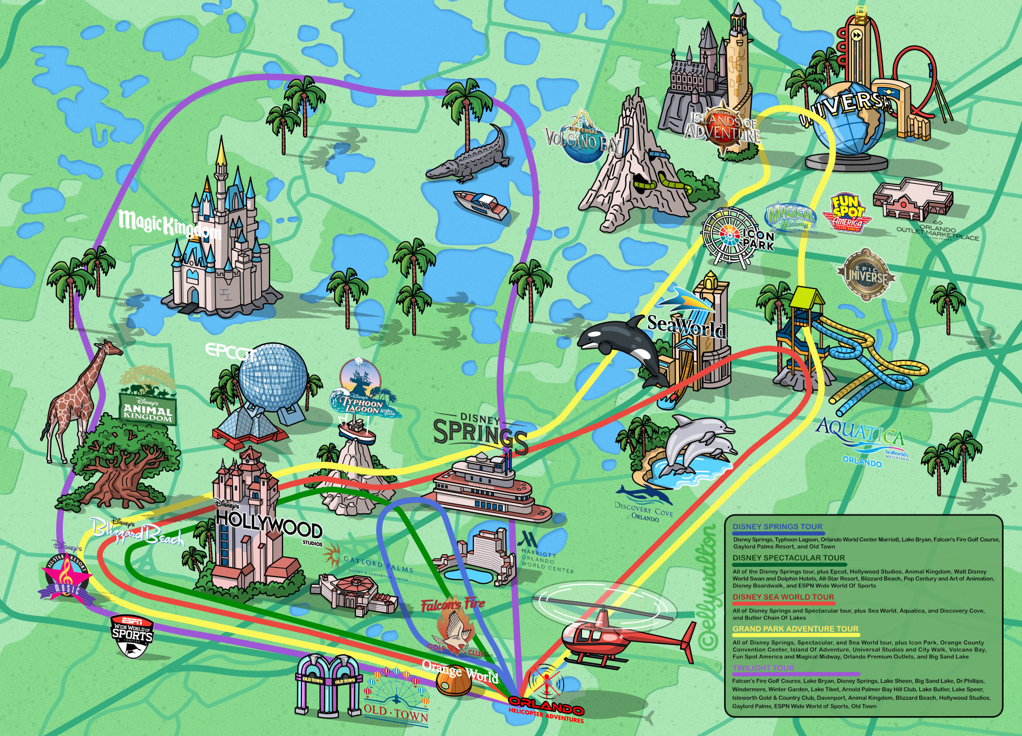 Illustrated map of Orlando for Orlando Helicopter Adventures brand illustration florida map helicopter illustration illustration map illustration orlando map route map illustration theme park map
