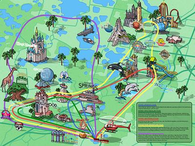 Illustrated map of Orlando for Orlando Helicopter Adventures brand illustration florida map helicopter illustration illustration map illustration orlando map route map illustration theme park map