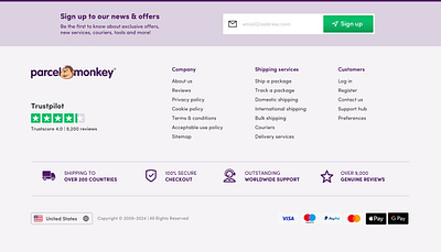 eCommerce Footer Parcel Monkey branding ecommerce footer links sign up ui usp ux web design