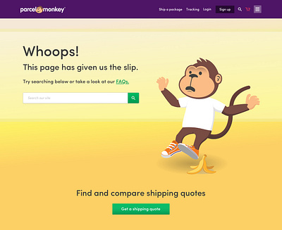 404 Error Page 404 banana cta error green button monkey page search box