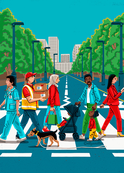 Editorial illustration: People in a city, using a crossing city illustration city landscape diverse people editorial editorial illustration figurative illustration illustration magazine magazine illustration people illustration walking zebra crossing illustration