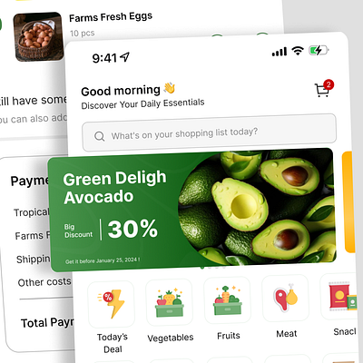 FreshHub - Grocery Mobile App 🥬 app mobile checkout page ecommerce grocery app homepage minimalist prototype uiux design visual anchor visual design