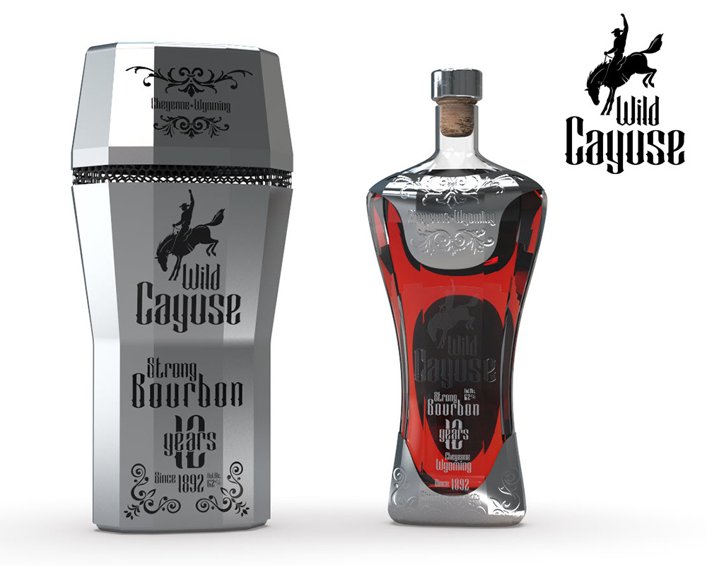 Wild Cayuse - Strong American Bourbon - 12Years 3d 3d design 3d modeling alcohol bottle design brand design brand identity branding glass design liquor metal design package design packaging product design usa whiskey whisky