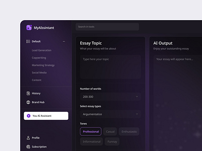 Create Essay with AI ai ai assintant ai writer bing chat gpt dall e dark dark mode dark version dashboard gradient product design saas uiux user experience user interface