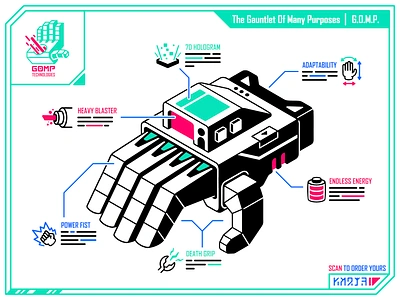 G.O.M.P. battery blaster branding brochure design energy futuristic gauntlet glove grip hand hologram icon illustration laser mech powerfist tech thierry fousse ui