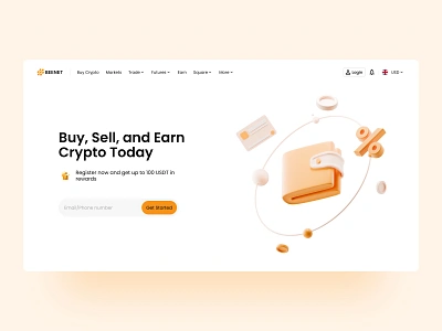 Beenet Crypto Exchange Platform 3d design 3d elements blockchain buy and sell ceyptocurrency crypto crypto exchange hero illustration minimal 3d orange ui ui design ux design wallet web design