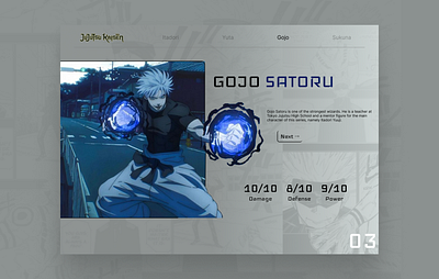 Gojo Satoru - Web Header UI Concept 3d anime clean design figma gojo satoru graphic design jujutsu kaisen landing page landing page design landing page ui mockup motion graphics ui user interface ux web design web minimalist web ui website