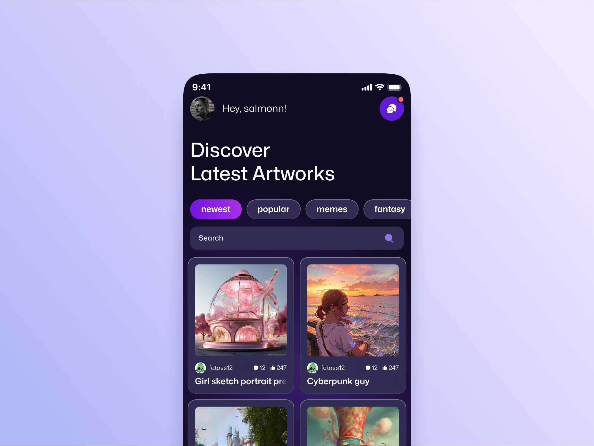 Digital AI artworks hub & social network ai artificial intelligence artwork chat app digital entertainment gallery hub mobile app photo editor social media activity social network ui user profile ux