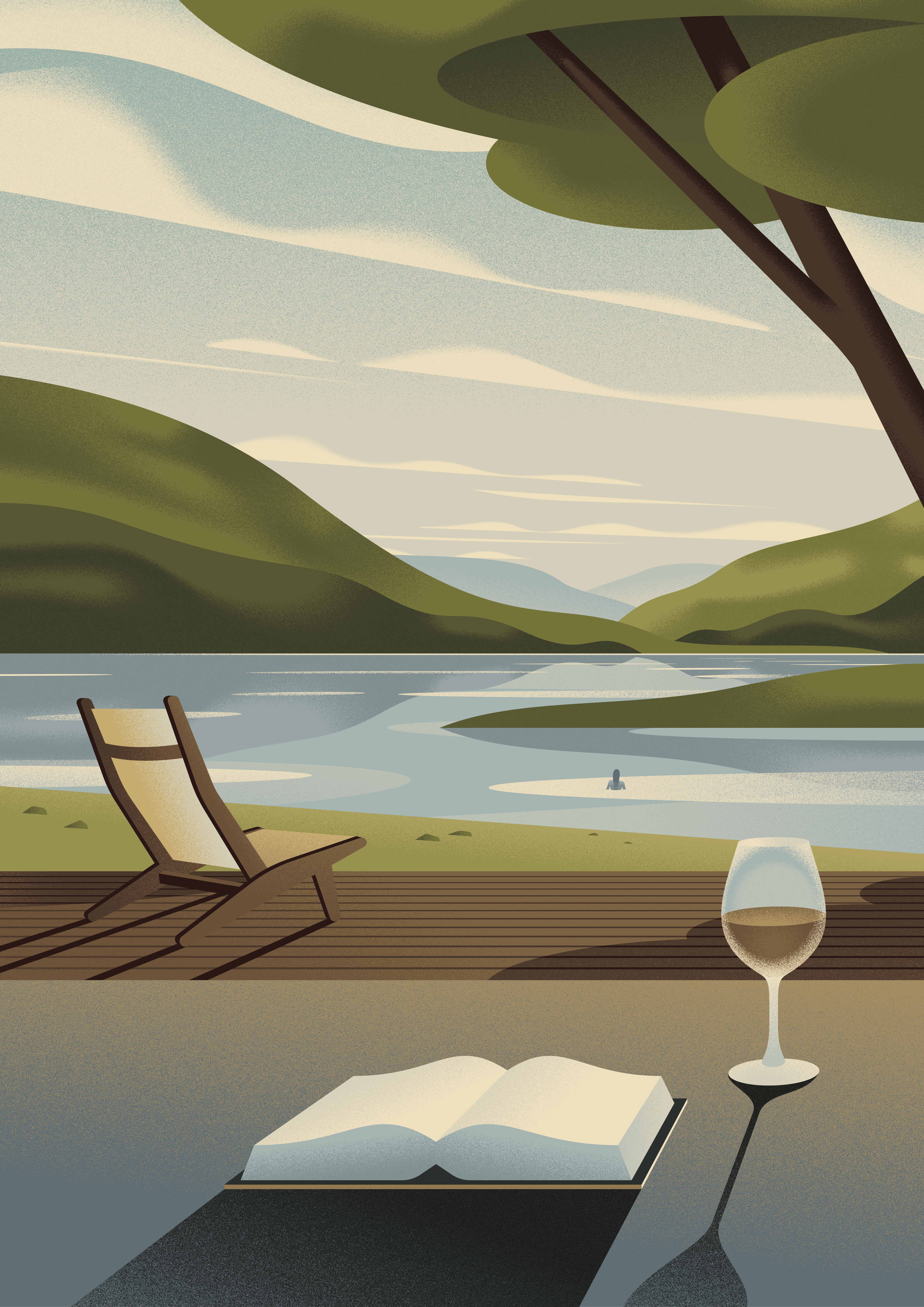 The Swimmer book illustration green hills highlands holiday idilic illustration illustration lake district lake landscape landscape reading relaxation scene illustration scotland scottish scottish artist scottish illustrator travel illustration vacation vector illustration wanderlust