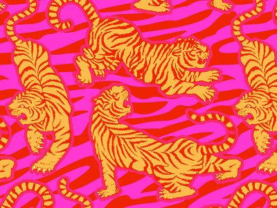 Tiger Print allover print big cat branding cat character colorful colourful fashion hot pink icon illustrator logo pattern pink product design stripe tiger vector yellow