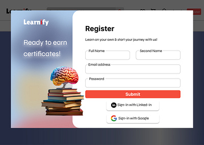 Register Learnify apply background blur blue books figma google learning linked in log in online courses purple register rose sign in sign up ui ux web design white yellow