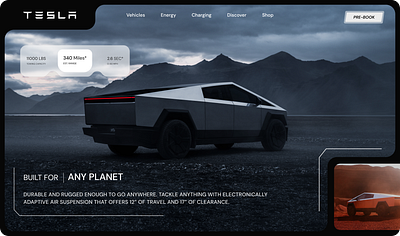 TESLA Cybertruck Landing Page - Built for any planet branding car cybertruck dark electric elon musk illustration light minimal mockup modern planet tesla tesla industries ui design website