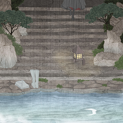 Remake Scene - Mo Dao Zu Shi #3 chinese garden chinese illustration chinese painting colored drawing illustration lake landscape line drawing modaozushi nature scenery drawing stone and rock stone drawings