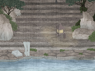 Remake Scene - Mo Dao Zu Shi #3 chinese garden chinese illustration chinese painting colored drawing illustration lake landscape line drawing modaozushi nature scenery drawing stone and rock stone drawings