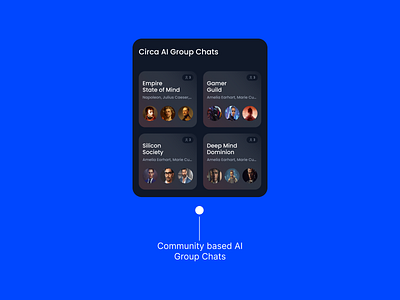 UI Card for Community Based AI Group Chats ai app design blue chat bot community chat figma gen ai generative ai generative art mobile app nextgen ui ui card ui design ui kit uiux ux ux design web design