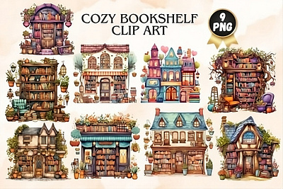 Cozy Bookshelf Clipart digital download