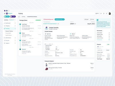 Order Details / Schedule a Pick-Up courier delivery eshipper interfaces logistic modern web application order details package status parcel payment details pick up shipment shipment details tracking tracking delivery upload documents user experience ux web application