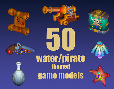 50 water/pirate themed game models 3d 3dmodeling blender game gamedev lowpoly model photoshop texturing