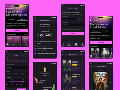 MovieMagic - Mobile App app dark mode mobile party pink swipe ui watching watchlist
